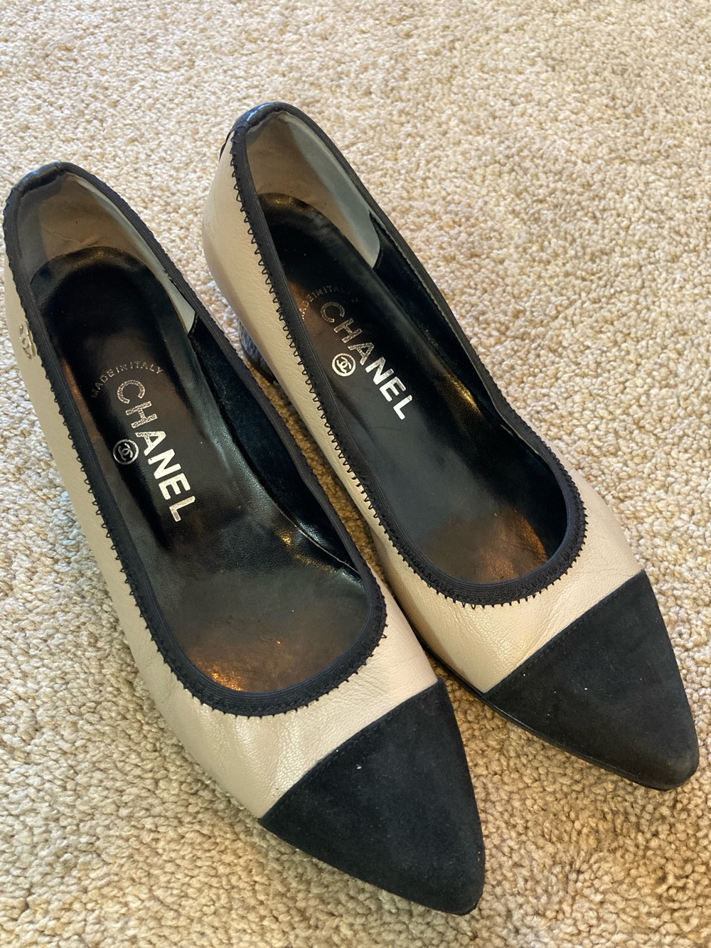 CHANEL Two-Tone Pointed Toe Pumps in Cream and Black